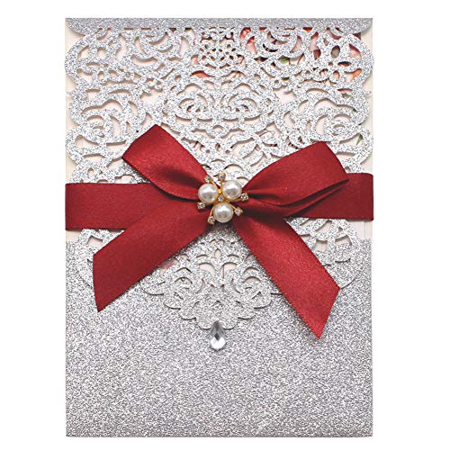 AdasBridal 25Pcs Silver Glitter Laser Cut Invitations with RSVP Cards and Envelopes Luxury Diamond and Ribbon Design with 250GSM Pearl Paper Insert For Wedding Engagement Birthday Quinceanera Invite