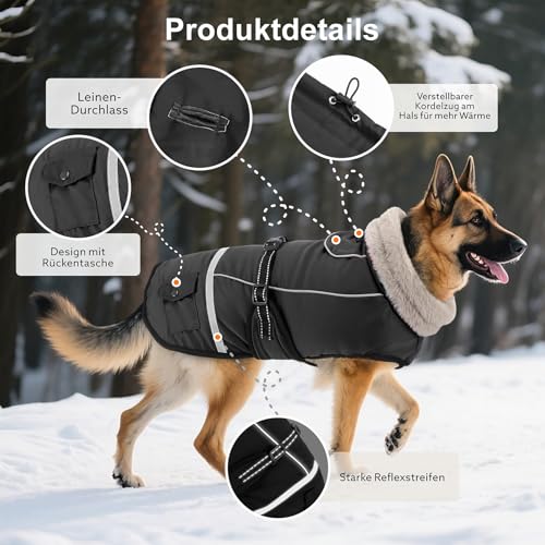 Woiil Hundemantel Winter, Hundemantel Wasserdicht für Grosse Hunde mit Verstellbaren Schultergurten, Hundejacke aus Fleece, Reflektierende Streifen, Geeignet für Deutsche Schäferhunde (XXL,Schwarz)