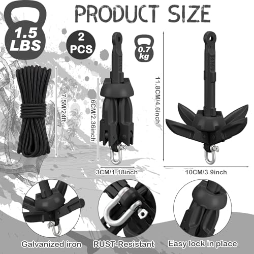 Image of Lounsweer 2 Pack 1.5 /3.5 lb Marine Kayak Anchor Kit Folding Grapnel Anchor Kit Boat Kayak Fishing Accessories for Small Boats Kayaks Canoe Paddle Boards