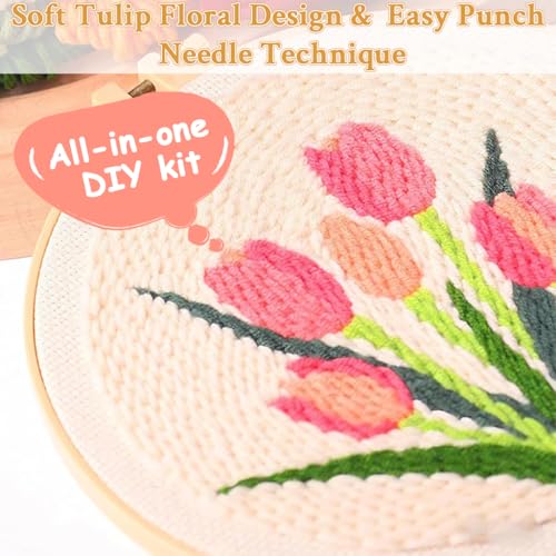 Image of PATPAT 20x20CM DIY Tufting Art Craft Kits Cute Pink Flower Punch Needle Kit Embroidery Kit for Beginners DIY Hoop Embroidery Kit with Punch Needles, Hoop, Handmade Art Kits Gift for Kids Adults