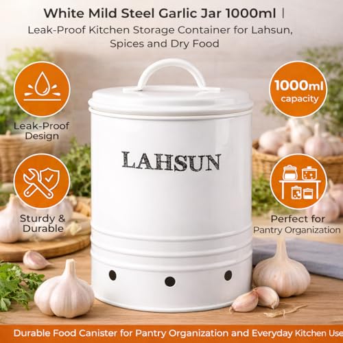 Image of MARKET 99 White Metal Garlic Jar 1000ml | Kitchen Storage Container for Lahsun, Spices and Dry Food | Durable Food Canister for Pantry Organization and Everyday Kitchen Use
