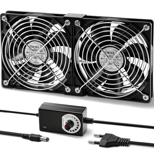 Silkwish 2 x 120mm Gehäuselüfter 12V PC Lüfter mit Metallgrillschutz AC 220V-240V Computer Lüfter Einstellbare Geschwindigkeit Kontrolle Bürstenlos Kühlung lüfter für Computer/Server/AV-Kabine/Router