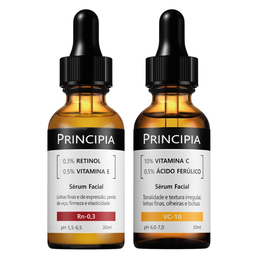 Principia Kit Skincare Tratamento facial, Sérum Retinol 0,3% + Vitamina E - Rn-0,3 + Sérum Vitamina C-10