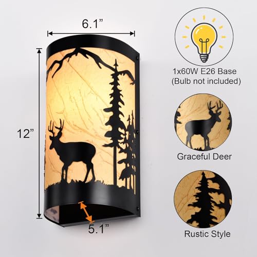 Image of Wall Sconce Light,Deer Metal Yellow Parchment Farmhouse Wall Sconce,Rustic E26 Base Wall Mount Lamp,Matte Black Bedroom Wall Lights,Indoor Wall Lamps for Living Room,Hallway(Hardwired Only)
