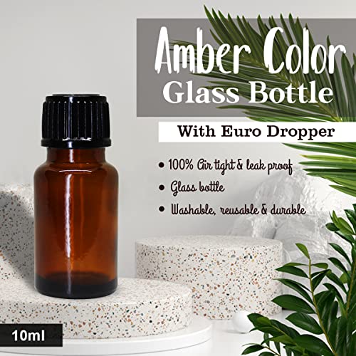 Image of nsb herbals 10 ML Amber Round Empty Glass Bottle + Euro Dropper + Black Cap, Refillable, Leak Proof For Essential Oils, DIY Perfumes (Pack of 24)