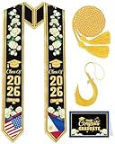 Filipino American Graduation Stole 2026 Set, Dual Flag Philippines and USA Graduation Sash with Sampaguita Flowers, Class of 2026 Stoles for High School College with Honor Cord Wheat Tassel Card