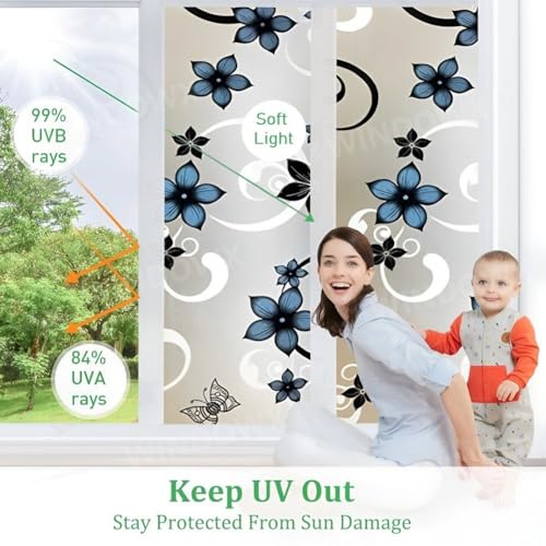 Image of Premium Vinyl Privacy Stained Window Glass Sticker (16x360 Inch) - Self-Adhesive Decorative Sticker Opaque Tint Wallpaper for Glass Cover Window, Door, Home.| Anti-UV. Black Blue Flowers