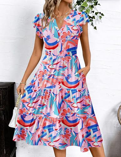 Image of ZEAGOO Womens Summer Casual Dresses Ruffle Sleeve V Neck Midi Dress Flowy Tiered Dress with Pockets Boho Sundresses