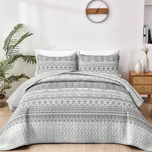 WONGS BEDDING Couvre-lit 240 x 260 cm - Style bohème - 3 pièces - Lit double - En microfibre - Avec 2 taies d'oreiller - 50 x 75 cm - Pour chambre à coucher - Jeté de canapé - Gris