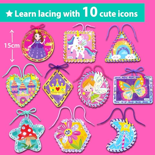 Image of KRAFUN Princess Unicorn Holographic Lacing Cards Age 3+ | 10 Projects | Holographic foil cards: Princess, Unicorn, Fairy & Castle. Fine motor skills. Premium gift for girls age 3+