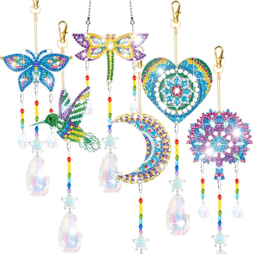 YUNVI 6 Pcs Diamonds Paintings Suncatcher Double Sided 3D Diamonds Paintings Wind Chime Paint by Number Diamond Paintings Hanging Ornaments for Adults Home Garden