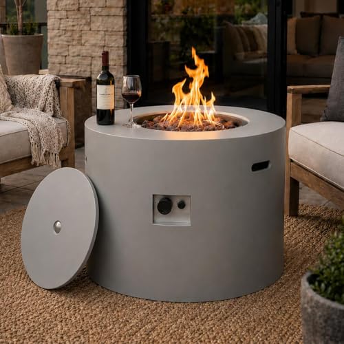 32' Round Propane Fire Pit Table with Lid, Alloy Steel Smokeless Outdoor Patio Dining Firepit 50,000 BTUs, Lava Rocks, Weatherproof Cover, CSA Safety Certified, for Wooden Deck, Backyard Pool, Grey