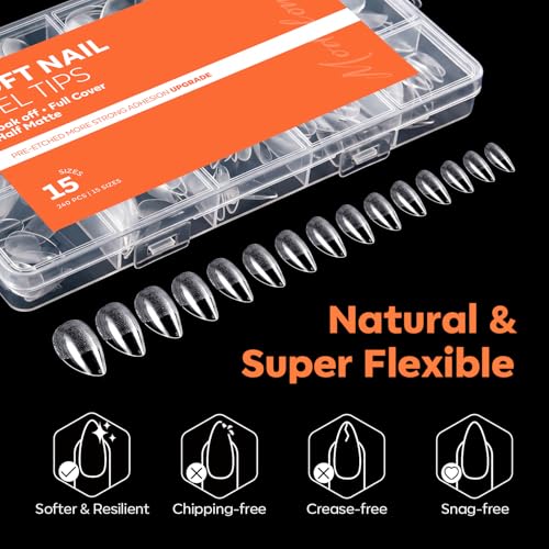 Image of Modelones Almond Nail Tips, 15 Sizes 40 Grit Pre-Etched Half Matte Clear Short Almond Fake Soft Ge Nails Tips Full Cover Acrylic Gel Kit Press On Nails for Extension Manicure DIY Salon 240Pcs