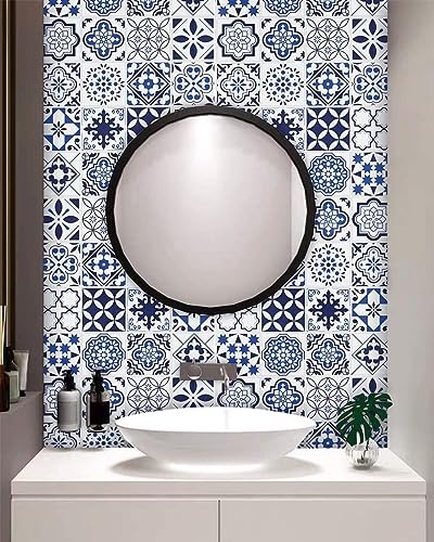 Image of VKR 3D PVC Self-Adhesive Kitchen Wall Sticker | Waterproof & Oil-Proof Peel and Stick Wallpaper | Modern Backsplash Decor for Home, Cafe, Hotel & Living Room Walls (Blue Floral - Pack of 1)