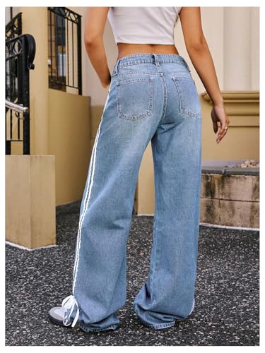 GORGLITTER Women's Y2k Wide Leg Jeans Cute Bow Stripe Side Baggy Trendy 2025 Denim Pants with Pockets4