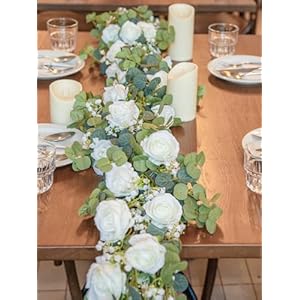 6FT Artificial Eucalyptus Garland with Flowers, 10 White Roses Baby Breath Garland Floral Greenery for Wedding Party Centerpiece Table Runner Backdrop Wall Decor Decoration