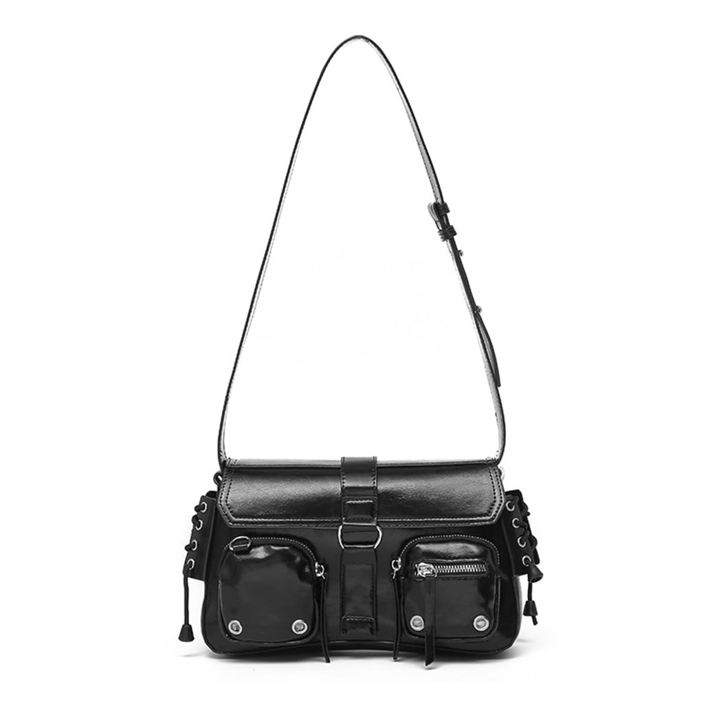 Shoulder Bag for Women Black PU Hobo Bag Fashion Dainty Shoulder Bag Casual Shoulder Bag Hand Bag Chic Punk Multipocket Zip-up Shoulder Bag Evening Bag, 27x7x16cm-image-38