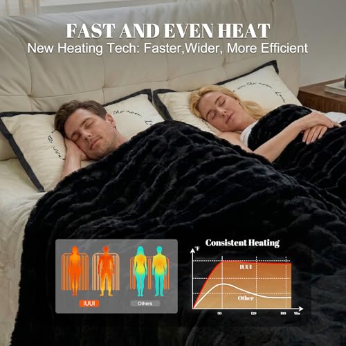 Image of IUUI Electric Heated Blanket Queen 84''x90'',Luxury Faux Rabbit Fur Heating Throw Blankets,Fast Heating with 1 /2 /4 /6 /8 /10 Hours,Overheat Protection, Quick Heating, Memory Function, Gift-Ready Design