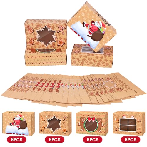DeckTheHalls 12 PCS Christmas Cookie Boxes with Window, Holiday Cookie Boxes for Gift Giving, Xmas Bakery, Pastry, Dessert, Mini Cake, Cupcakes, Brownies, Donuts,Pie Treat Boxes, Auto-Popup Containers