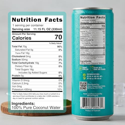 Image of Jans 100% Coconut Water No Added Sugar 11.15oz (Pack of 12) Pure Coconut Refreshment, Vegan, Gluten-Free, Hydration with Electrolytes