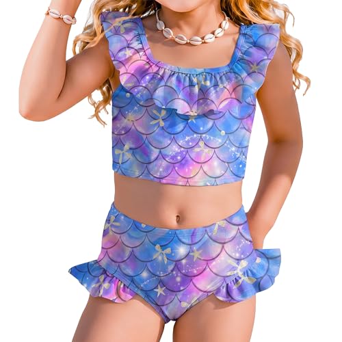 Image of Xaatren Toddler Girl Swimsuits 2 Piece Kids Ruffle Trim Bathing Suit with Adjustable Strap Summer Cute Tankini for 2-8 Years
