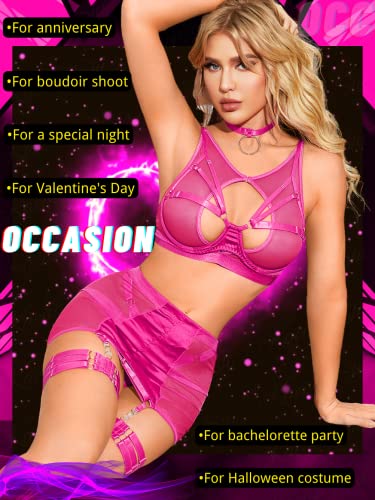 Kaei&Shi Garter Lingerie For Women,Sheer Mesh Choker Strappy Cutout Exotic Sexy Lingerie, High Waisted Thigh Band Skirt G String Matching 4 Piece Lingerie Set Boudoir Hot Pink Medium #TOP5