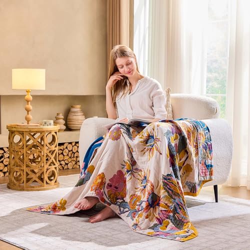 Boho Throw Blanket, 100% Cotton Ultra Soft Luxury Throw Rustic Quilt, 50"x60" Floral Bird Butterfly Farmhouse Decor Bed Blankets, All Season Rustic Reversible Bohemian Throw for Bed - Yellow - Image 4