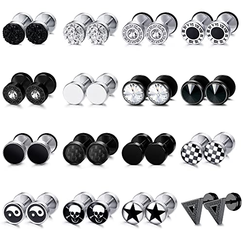 FIBO STEEL 16 Pairs Fake Gauge Earrings for Men Women Stainless Steel Stud Earrings Cheater Fake Ear Plugs Faux Gauges Earrings Ear Tunnel