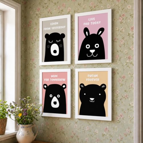 Image of PAINTINGMANTRA Animal Bear Colourful Nursery Wall Art Painting for Kids Room Decoration, Bear Cartoon Painting For Home Decor Wall Hanging Decorative gifts, Set of 4, 9x13 Inch