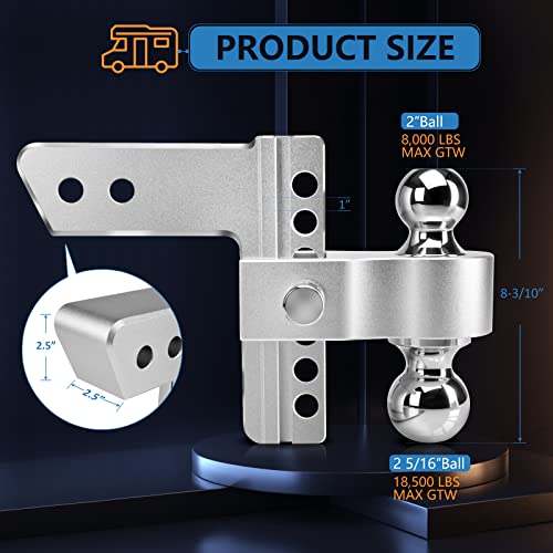 Tlvuvmo Adjustable Trailer Hitch, Fits 2.5'' Receiver, 6-Inch Drop/Rise Aluminum Drop Hitch, Chrome Plated Steel Tow Balls (2'' X 2-5/16'') 18,500 Lbs Gtw - Tow Hitch, Heavy Duty Truck Hitch #TOP2