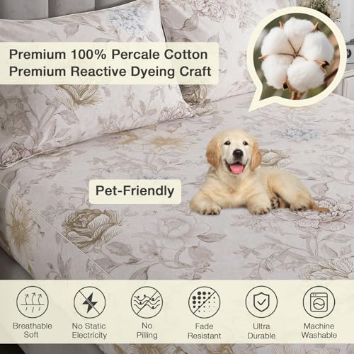 Image of 100% Cotton Percale Beige Floral King Size Sheets Set, Deep Pocket | Soft Crisp Vintage Farmhouse Flower Print Bed Sheets, Neutral Toile Bedding, Shabby Chic, Cottagecore, Botanical Garden, 4Pcs