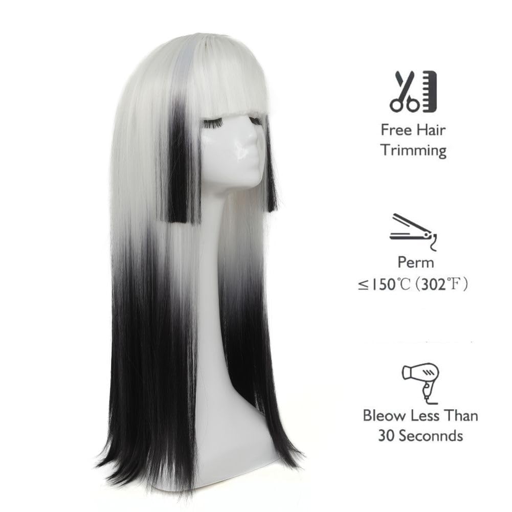Swiking White to Black Womens Wig with Bangs Long Straight Silky Hair Wig Natural Heat Resistant Fiber Wigs for Cosplay Halloween Use - Image 4