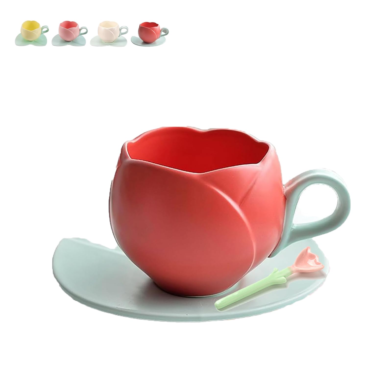 TaboSi Tulip Coffee Mug with Tulip Spoon, Mug De Tulipan, Tulipan Coffee Mug, Taza En Forma De Tulipan, Cute Flower Tea Cup Set, Flower Coffee Cup, Cute Pink Cups, Tea Cup (Red-B)