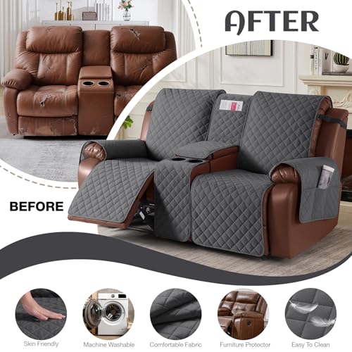 Image of KinCam 100% Waterproof Recliner Loveseat Cover with Console, Non-Slip Reclining Couch Covers for 2 Seat, Recliner Sofa Cover Furniture Protector with Elastic Straps for Kids, Pets, Charcoal Gray