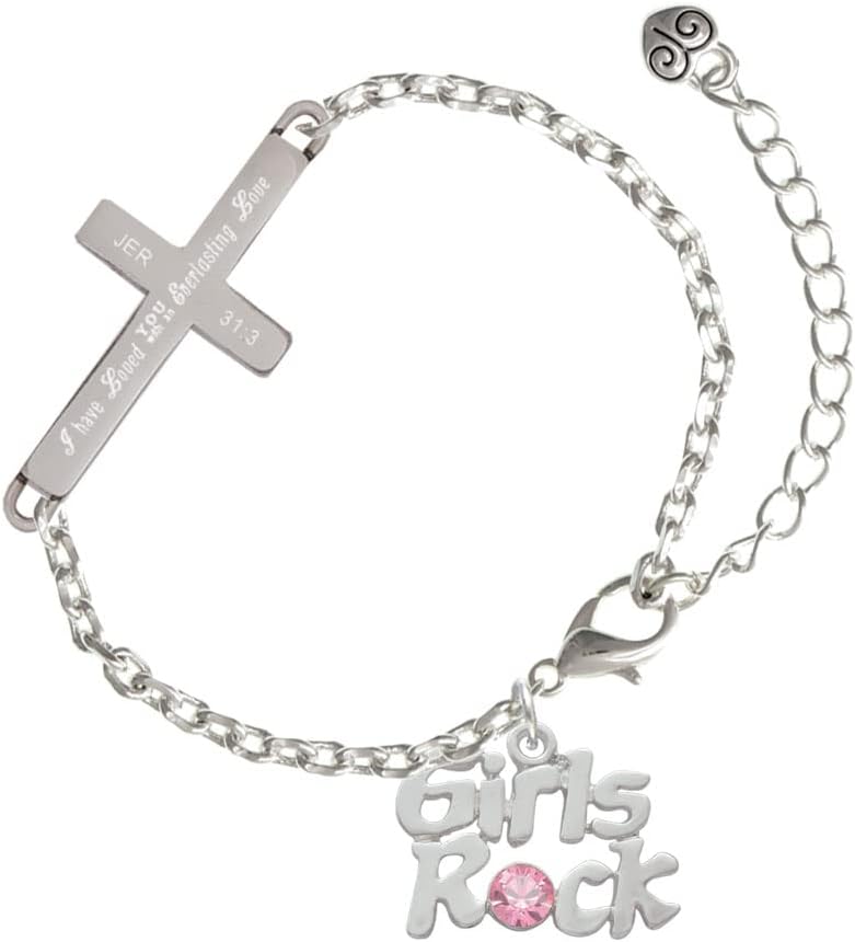 Delight Jewelry Silvertone Girls Rock with Light Pink Crystal Everlasting Love Engraved Cross Charm Bracelet, 6.5+1.5" Extender
