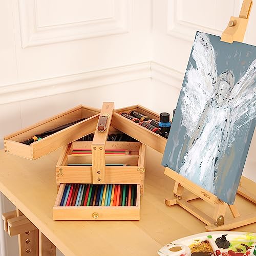 Image of VISWIN Multi-Function Artist Storage Box, Portable Solid Beech Wooden Tool Box with Drawer, Three Layers Art Supplies Storage Box for Paint Brush, Pen, Pastel, Paining Supplies, 13 1 /2 inch x9 1 /2 inchx5 inch