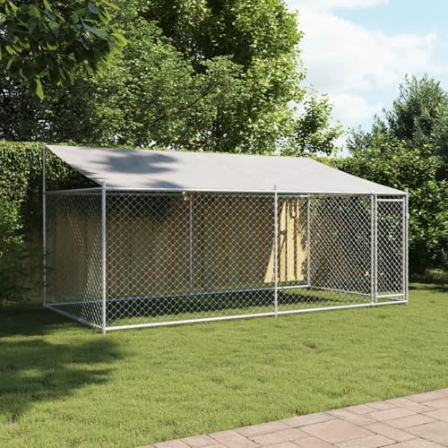 Gecheer Hundezwinger mit Dach und Tür Grau 4x2x2 m Verzinkter Stahl, Hundezwinger Outdoor-Hundekäfig Sicherer Hundeauslauf für Garten Terrasse Draußen