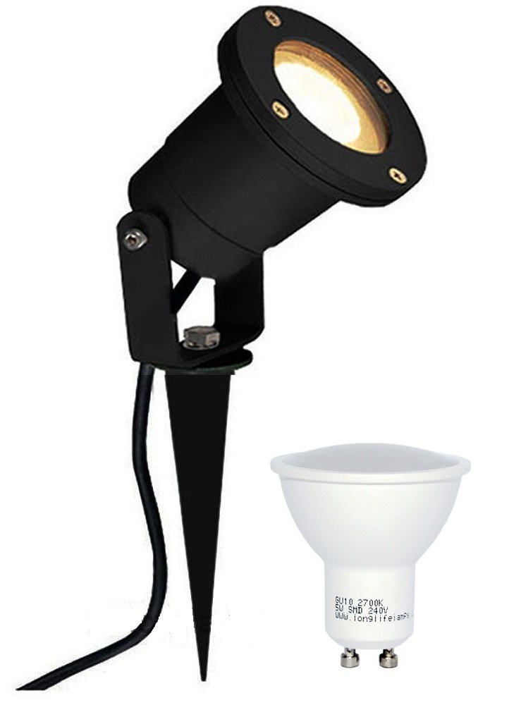 Long Life Lamp Company 5W LED Garden Spike Light Outdoor Ground Mount or Watt Light IP65 Matt Black Spike GU10