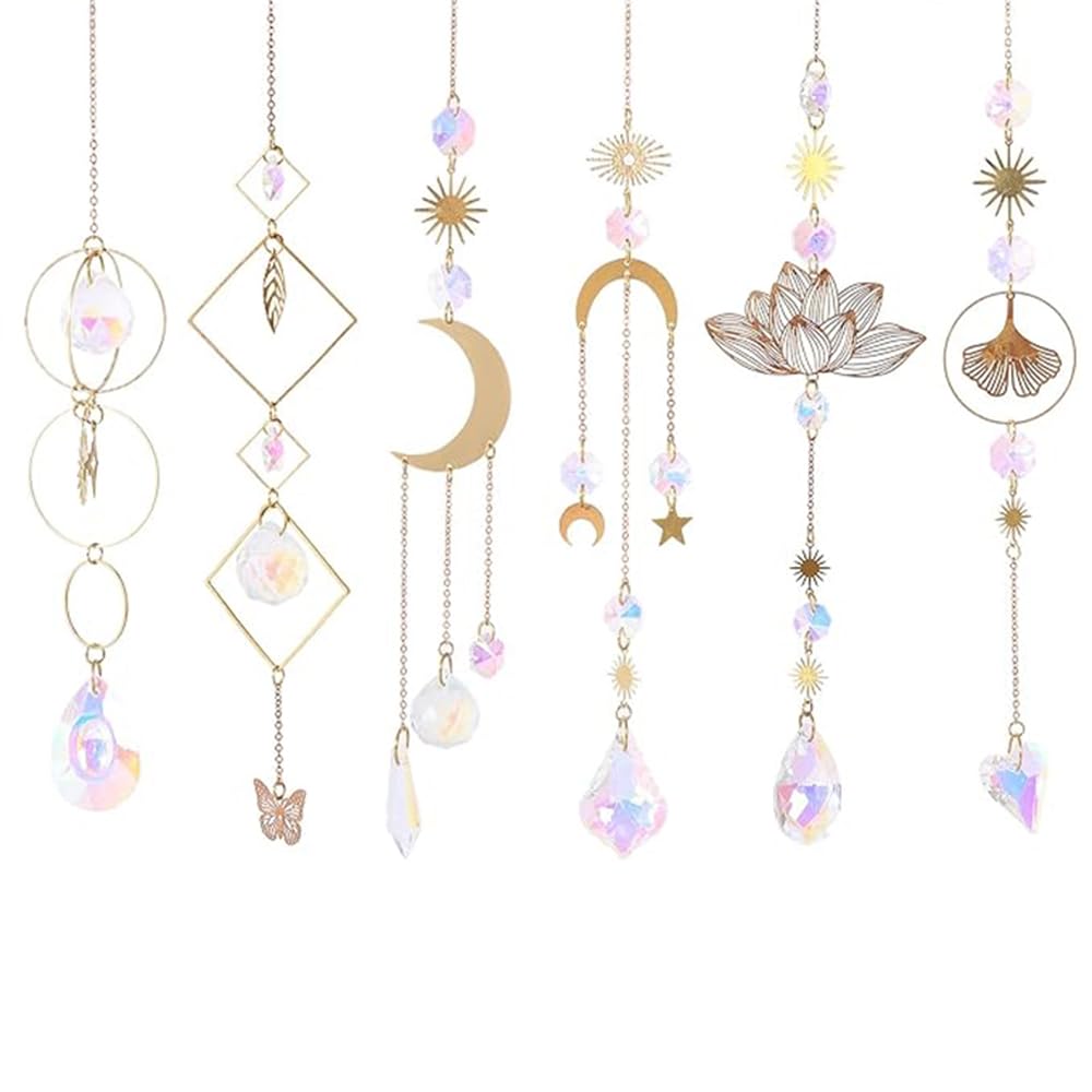 SagaSave 6 Pcs Crystal Suncatchers, Rainbow Pendant Crystal Prism Suncatcher, Hanging Sun Catchers Decorations for Window Bedroom Home Garden, Gold