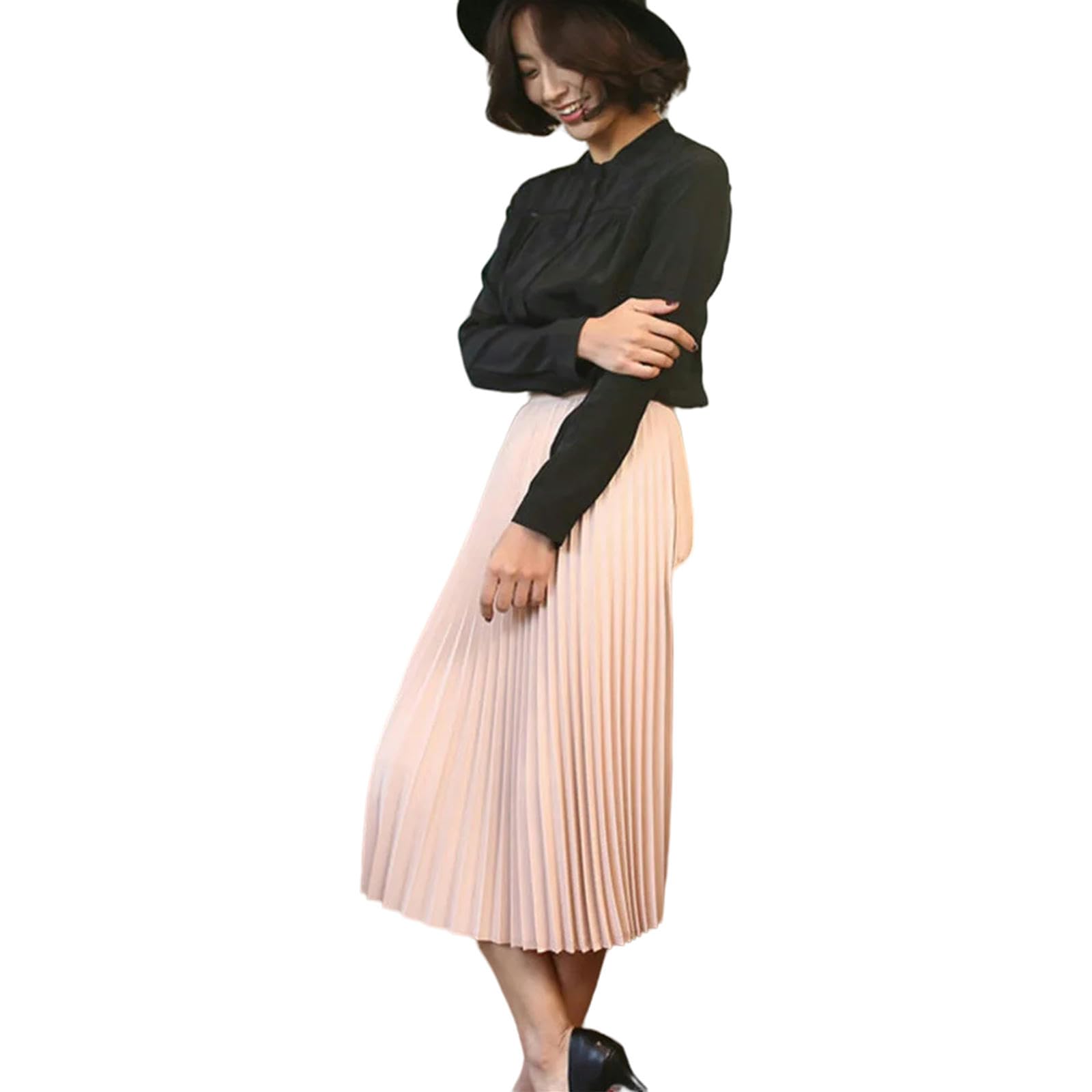 MdybF Falda Larga Mujer Primavera Y Otoño La Cintura Alta De Mujeres Sólidas Plisas De Mujeres Elástica Falda Elástica Dama Negra