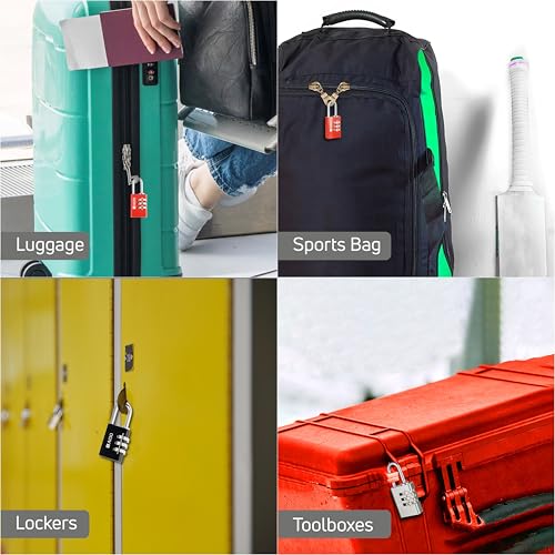 Image of AIDO by dormakaba Group 3-Digit Number Locks (Pack of 3)|20mm Combination Padlocks for Bag, Luggage, Sports Bag, Lockers & ToolBoxes| Water-Resistant|Hardened Shackle|2 Yr Warranty |Red, Black, Silver