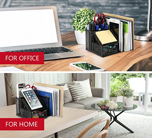 Plemo Mesh Desk Organizer Office Supplies Caddy with 6 Compartments: Drawer, Pen Holder, Memo Holder & File Holder, 6.42" x 4.13" x 5.71" - Thumbnail 7