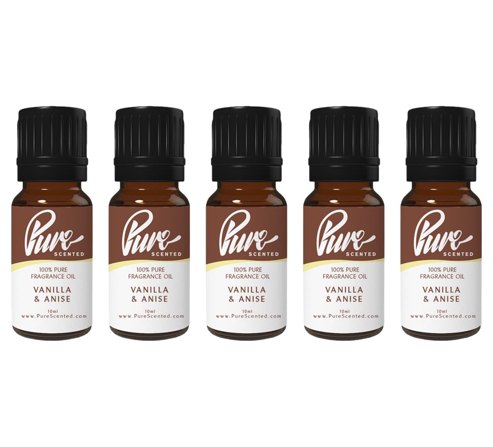 Pure Scented 50ml Fragrance Oils - 5 x 10ml Suitable for Candles, Soaps, Slime, Diffusers, Cosmetics, Wax Melts, Designer (5 x 10ml, Vanilla & Anise)