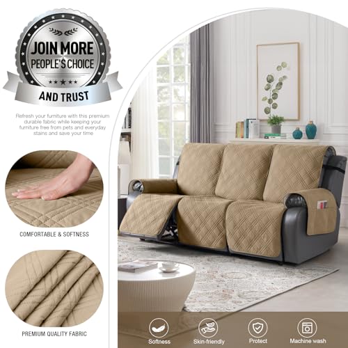 Image of TAOCOCO 100% Waterproof Recliner Sofa Cover, Non Slip Split Couch Covers for Reclining Couches with Elastic Straps, Washable Reclining Sofa Cover Furniture Protector for Kids Pets(3 Seater, Camel)