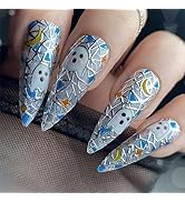 EIOAUY Cute Ghost Press on Nails Long Silver Stiletto Fake Nails Design Full Cover Artificial Hal...