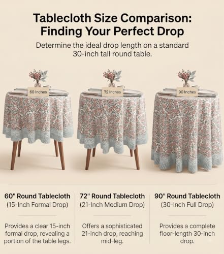 ATOSII Cotton Blockprint Round Tablecloth, Kalina, 90 Inches