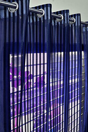 Image of K 2 6 Creation Stripped Polyester Tissue Net Pattern Eyelet Curtain (Blue, 4 x 9 Feet)
