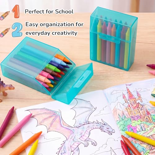Image of Clabby 4 Pcs Clear Plastic Crayon Boxes Hold 24 Count, Teal | Organizer Box, Case, Colorful, Portable Storage Holder with Snap Lid, for Kids Boys Girls School Classroom Home Art Supply