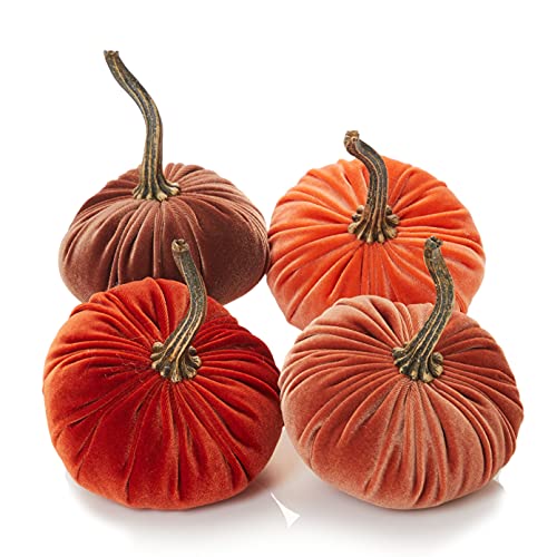 Set of 4 Small Velvet Pumpkins orange pumpkin home decor Halloween indoor decor Thanksgiving centerpiece gift set for hostess hygge home fall wedding decor (Bronze Rust Harvest Tangerine)