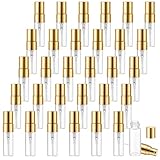 Dplolng 30 Pcs Fine Mist Atomizer Glass Bottle, 3ml Mini Refillable Spray Vials, Clear Empty Perfume Bottles with Gold Lids for Travel, Fragrance, Toiletries, DIY, Samples